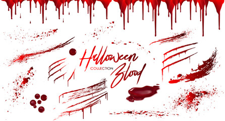 Fototapeta blood collection, happy halloween decoration, vector bloody horror drop, drip, splatter, creepy splash, spot, ... realistic blood on transparent background, isolated.