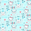 Vector fashion cat seamless pattern. Cute kitten illustration