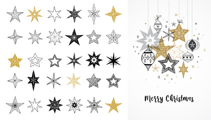 Wall Mural - Collection of snowflakes, stars, Christmas decorations, hand drawn illustrations