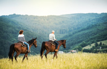 A Senior Couple Riding Horses In Nature.