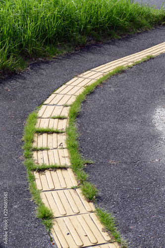 カーブを描いて設置された点字ブロックと雑草の歩道 Adobe Stock でこのストック画像を購入して 類似の画像をさらに検索 Adobe Stock