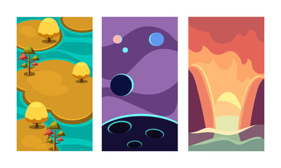Poster - Flat vector set of backgrounds for mobile game. Scenes with islands surrounded by water, planets of cosmos and mountains with river
