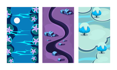 Poster - Flat vector set of 3 vertical backgrounds for online mobile game. Cartoon scenes with blue river, dark path and ice islands