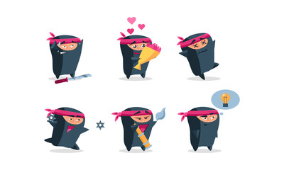 Canvas Print - Flat vector set of cute ninja in different actions. Funny cartoon character. Emoji for social network, t-shirt print or postcard