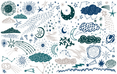 Vector set sketch hand drawn with space, star, cloud, sun, moon, comet. Doodle style. Elements for design.