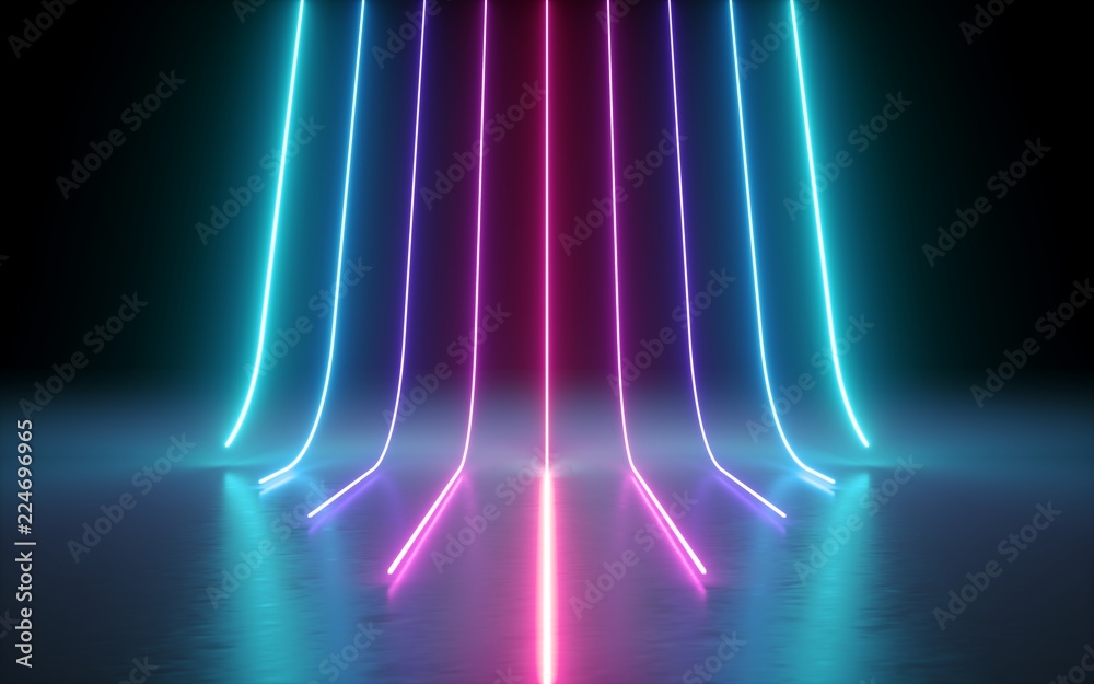 3d render, abstract minimal background, glowing lines, cyber, chart, pink blue neon lights, ultraviolet spectrum, laser show - obrazy, fototapety, plakaty 