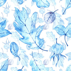  Pattern with watercolor winter leaves. Frozen autumn.