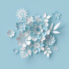 3d render, abstract white paper flowers, bridal bouquet, pastel floral background, decorative design elements isolated on blue