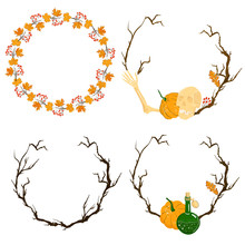 A Set Of Wreaths And Frames For Decorating Halloween. Decorative Elements With Autumn Leaves, Human Skeleton, Poison In A Bottle, Pumpkin And Dry Branches