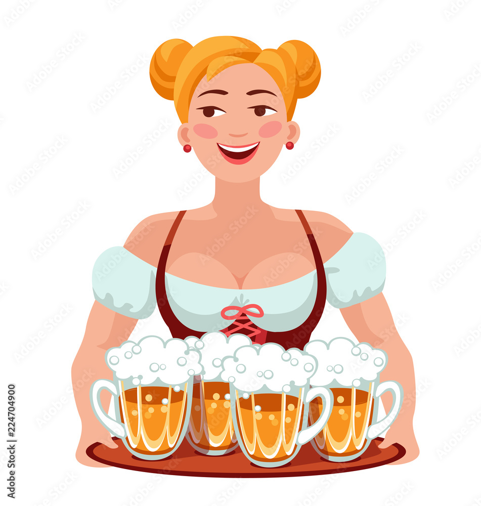 beautiful blonde woman in German national costume holding a tray with mugs  of beer. Oktoberfest cartoon vector illustration Stock Vector | Adobe Stock, image size:951x1000