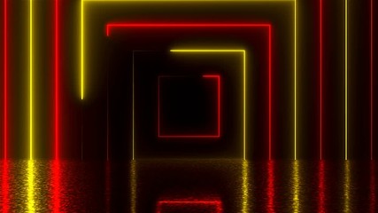 Poster - Abstract square neon tunnel with reflection, computer generated background, 3D render background