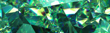 3d Render, Abstract Green Crystal Background, Faceted Texture, Emerald Gem Macro, Panorama, Wide Panoramic Polygonal Wallpaper
