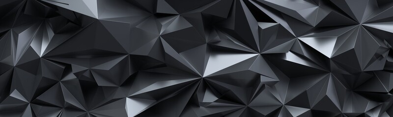 Wall Mural - 3d render, abstract black crystal background, faceted texture, macro panorama, wide panoramic polygonal wallpaper