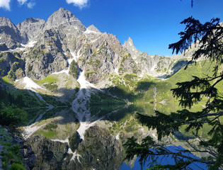 Morskie Oko. High Tatras, Poland, May 27, 2018. Beautiful landscape of snowy mountain tops and the lake between them.