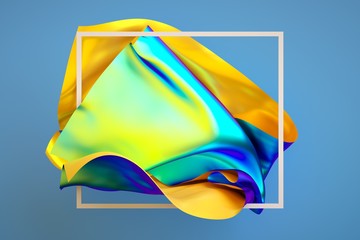 Wall Mural - 3d render, abstract fashion background, iridescent holographic foil, unveiling folded cloth, creative multicolor textile, isolated on blue