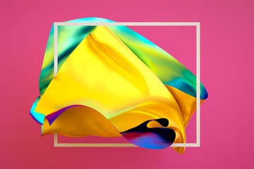 Wall Mural - 3d render, abstract fashion background, creative multicolor textile, iridescent holographic foil, unveiling folded cloth, isolated on pink