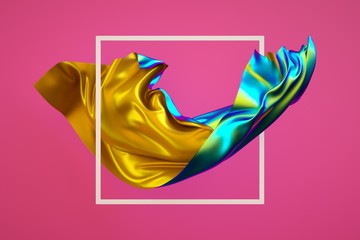 Wall Mural - 3d render, abstract fashion background, creative wallpaper, unveiling multicolor textile, iridescent holographic foil, folded cloth falling, isolated on pink