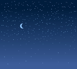 simple blue moon and stars on dark blue night sky, vector illustration