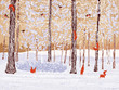 Vector illustration of a winter pine forest with climbing squirrels and bullfinches