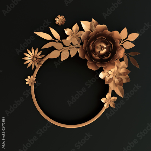 Download 3d Render Gold Paper Flowers Dramatic Floral Arrangement Wreath Isolated On Black Background Round Frame Dahlia Rose Botanical Decor Artificial Nature Elements Diy Quilling Craft Clip Art Stock Illustration Adobe Stock