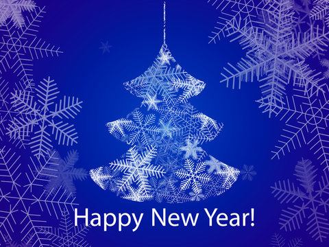 Xmas tree made from snowflakes with clipping mask. Inscription Happy New Year. Vector illustration