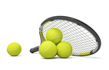 3d Rendering A Single Tennis Racquet Lying With A Yellow Balls On White Background.