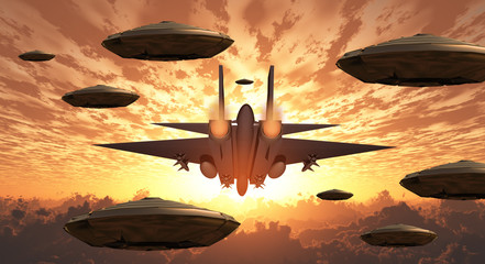 Wall Mural - Aircrafts. Flying saucers and military jet plane