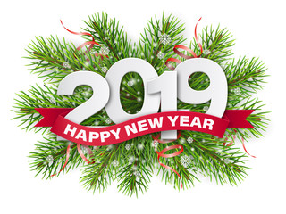 Wall Mural - 2019 numbers  and red ribbon  with Happy New Year text on Christmas tree branches background. Element for design greeting card.