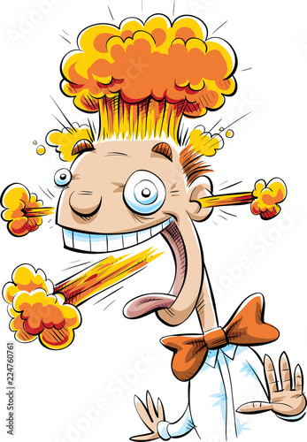 happy cartoon man reacting with strong emotions with explosions coming from...