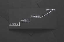 Three Steps To Earning Money. Financial Success Planning And Progress. Layered Black Paper Background With Chalk Writings.