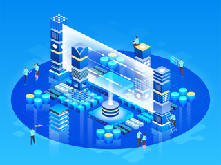 Poster - isometric technology concept. database network management. big data processing