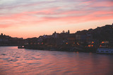 Fototapeta Miasto - Beautiful super wide-angle panoramic summer aerial view of Old Porto Oporto city and Ribeira Square with the old town, during the sunset over Douro river from Vila Nova de Gaia, Porto, Portugal