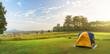 Panoramic camping and tent middle of the meadow in beautiful forest view.