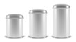 Vector realistic 3d white blank metal aluminium tin can containers with silver cap different size - small, medium and big - icon set closeup isolated on white background. Design template for graphics