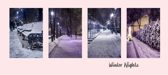 night winter city holidays collage concept design with rectangle photos  f