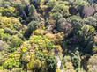 beautiful autumn park landscape scene with walking path. aerial top view