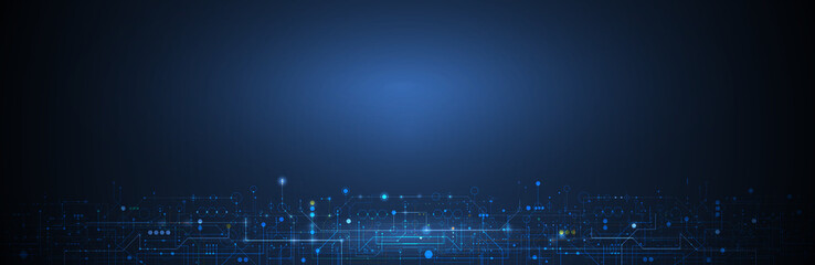 Vector illustration circuit board and hexagons background. Hi-tech digital technology and engineering, digital telecom technology concept. Abstract futuristic on dark blue color for banner background