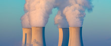 Cooling Towers With Water Steam In Morning Light, Nuclear Plant
