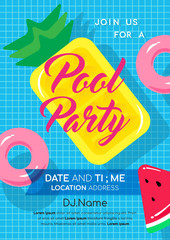 Wall Mural - Pool party invitation vector illustration. Swimming pool with Pineapple pool float and pink inflatable ring floating on water.