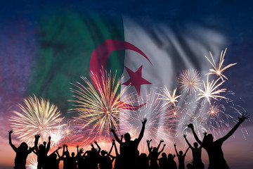 Wall Mural - People are looking on fireworks and flag of Algeria