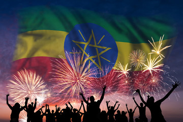 Sticker - People are looking on fireworks and flag of Ethiopia