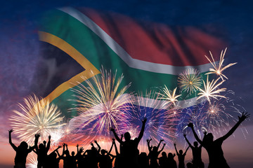 Wall Mural - People are looking on fireworks and flag of South Africa