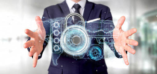 Poster - Man holding a padlock security technology interface 3d rendering