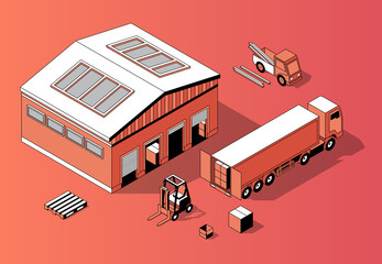 Vector 3d isometric warehouse with truck and forklift. Thin line style, transport logistics with storage building. Orange background with goods and repository. Commercial shipping.