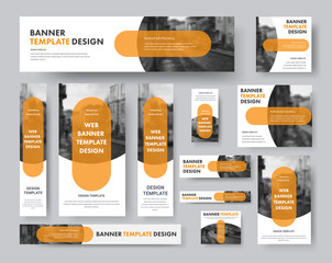 Poster - set of horizontal, vertical and square web banners with semi-circular elements for a photo and a transparent orange plate.