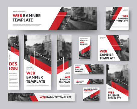set of web banners of different sizes with diagonal red elements and a place for photos.