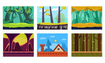 Poster - Flat vector set of 6 scenes for mobile game. Cartoon backgrounds with green jungles, house roof, fantastic forest and dungeon