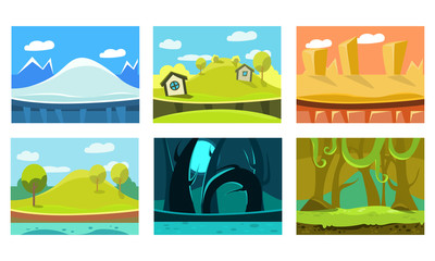 Poster - Flat vectoe set of 6 backgrounds for mobile game. Scenes with ice mountain, sandy desert, forest, jungle and green hills