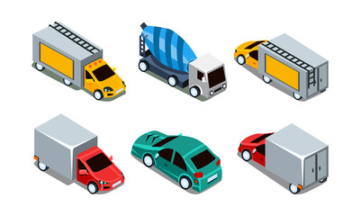 Poster - Vector set of different isometric automobiles. Passenger car, cargo trucks and concrete mixer machine. Transport theme