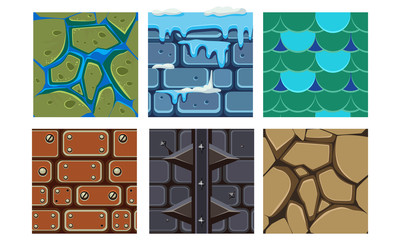 Poster - Flat vector set of platformers icons for mobile games. Seamless patterns with bricks, ice, dry soil and water